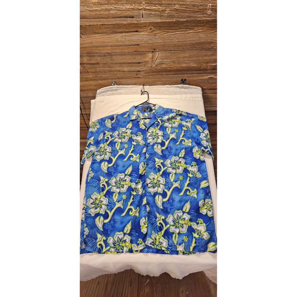 The Original Cascade Mens XXL Blue Green Floral Hibiscus Hawaiian Camp Shirt
